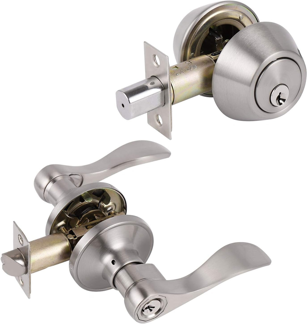 Satin Nickel Entry Door Handle Set with Deadbolt, 2 Pack A157