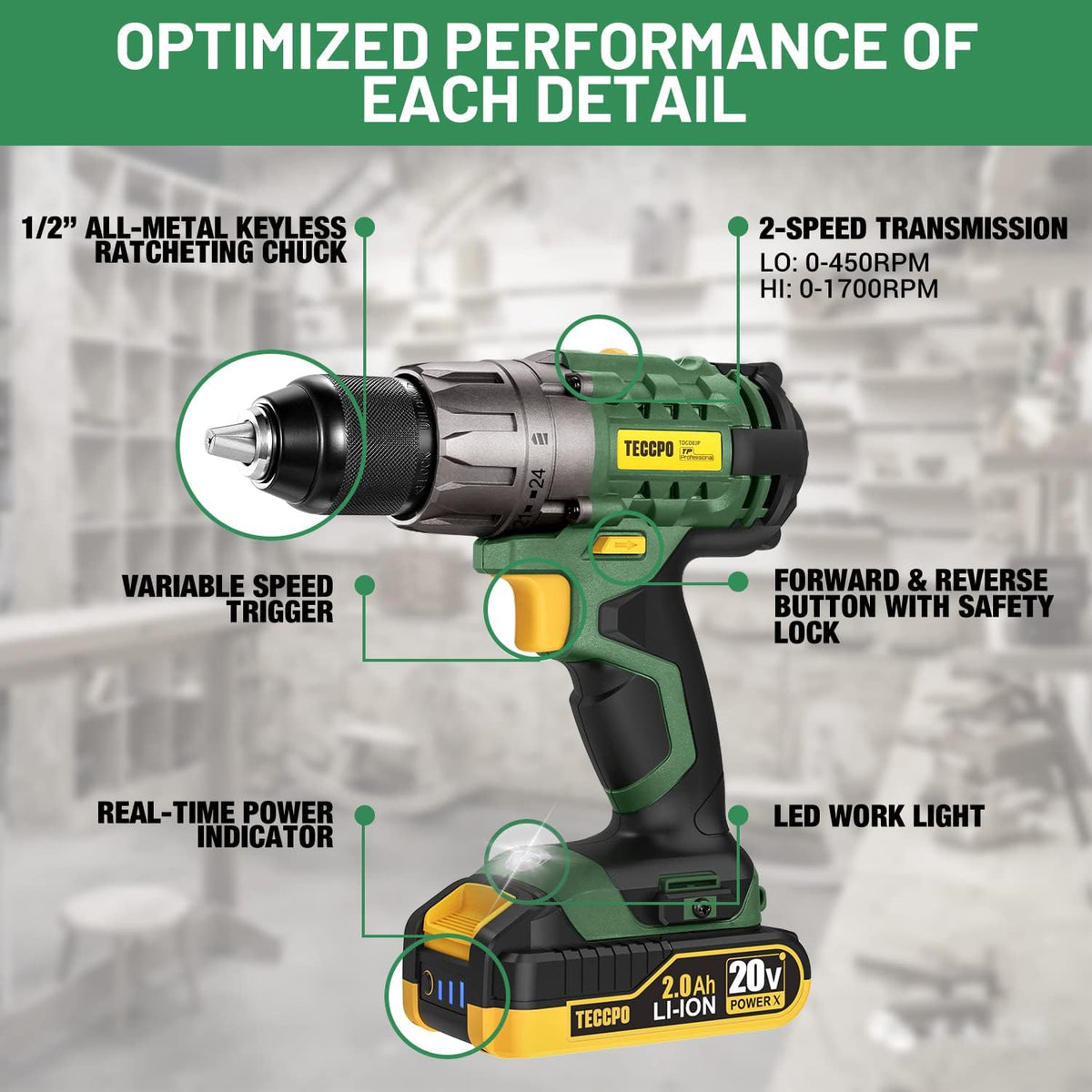 Cordless Power Drill with Battery and Charger, 2000mAh, 530 In-lbs, 24+1 Torque Setting, 33pcs Accessories Q252652