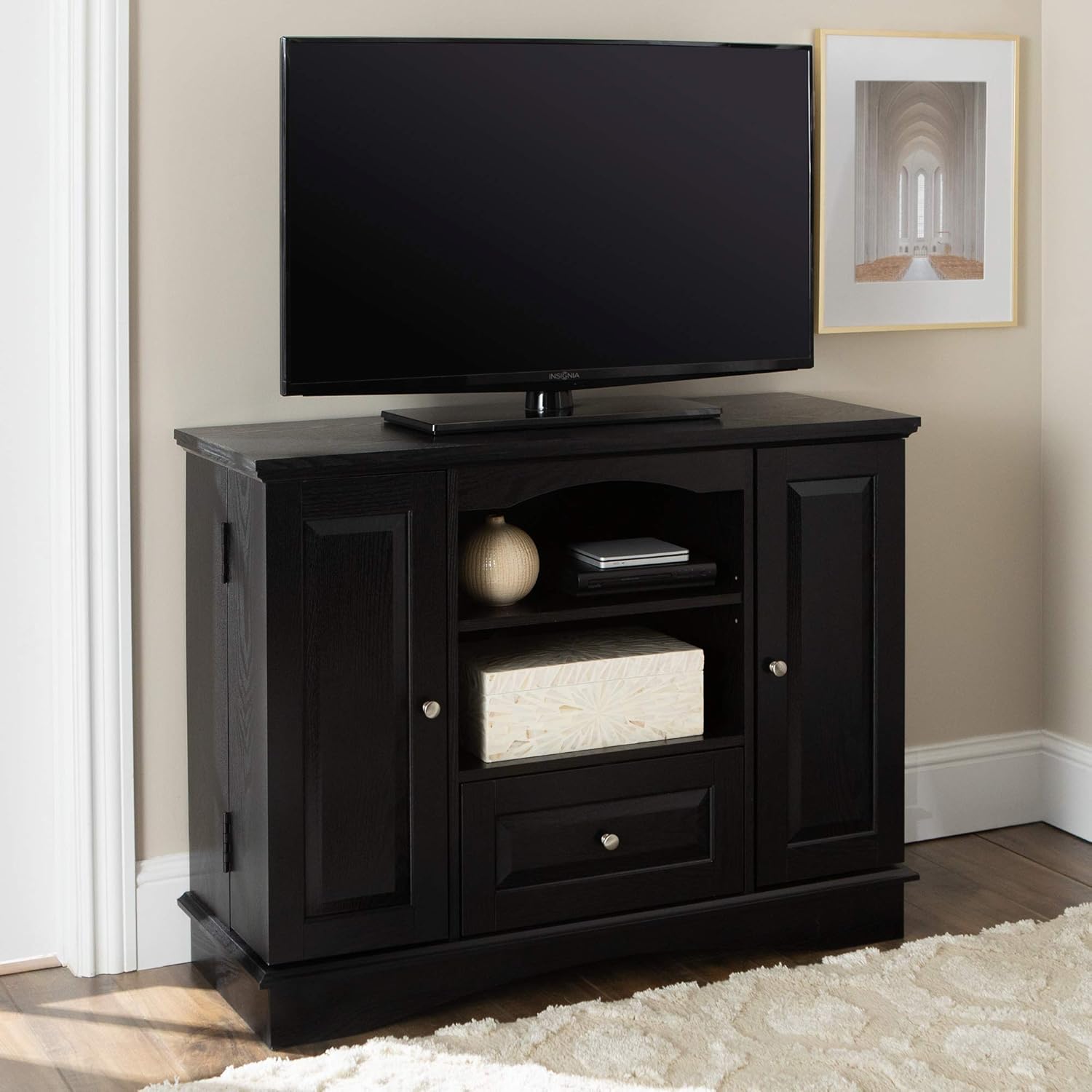 Black 42 Inch Wood TV Stand with Cabinet Doors and Open Shelves D5301