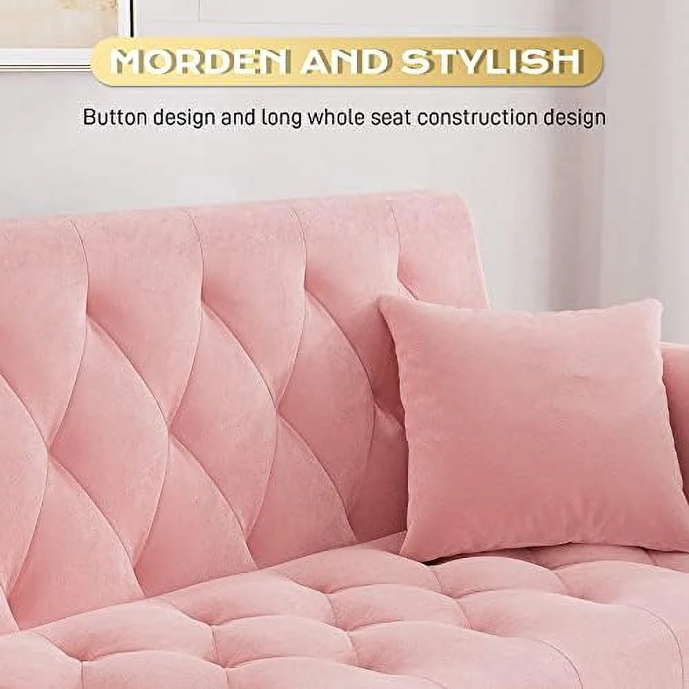 Beige Velvet Futon Sofa Bed with 2 Pillows P66280