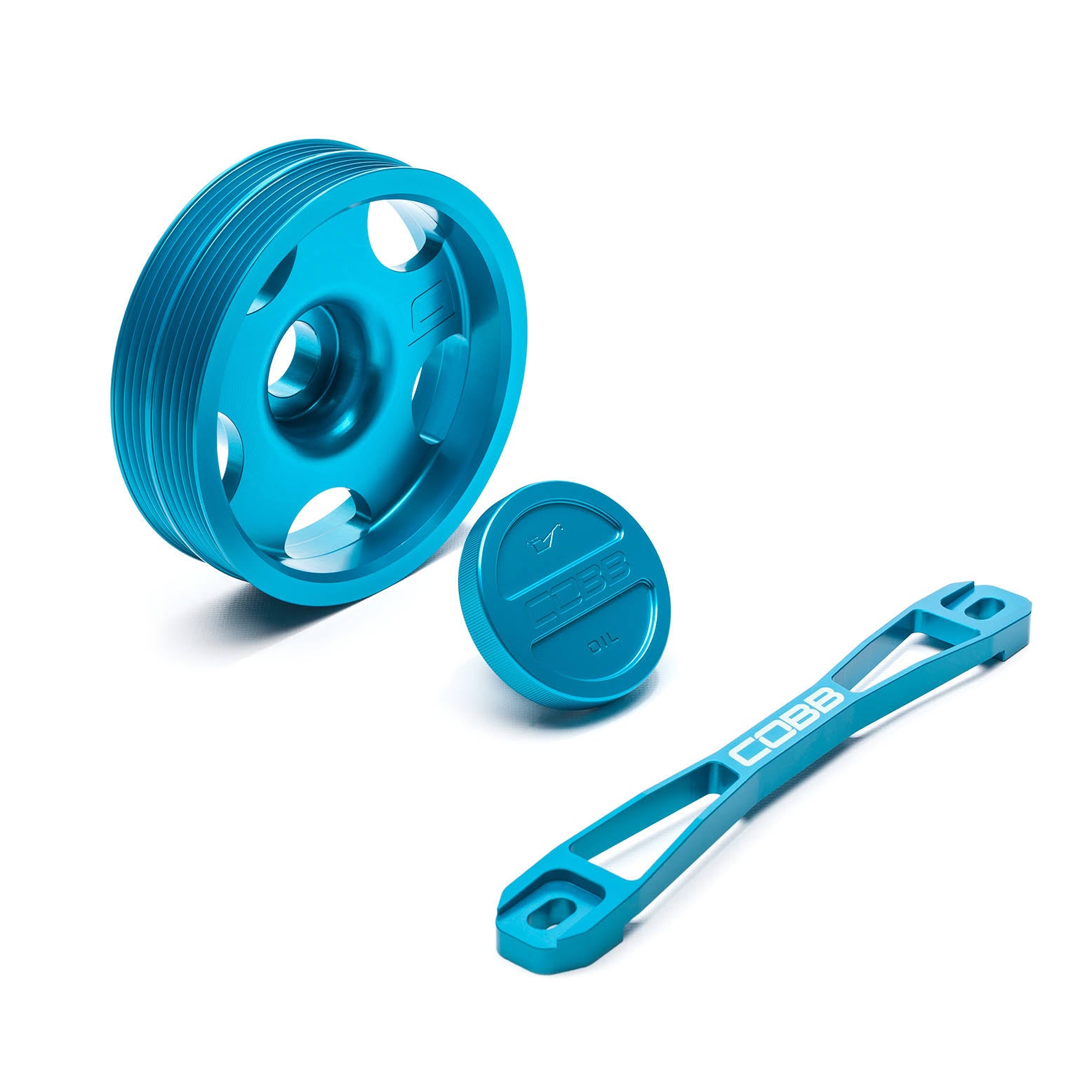 Teal Subaru Main Pulley + Oil Cap + Battery Tie Down V49213