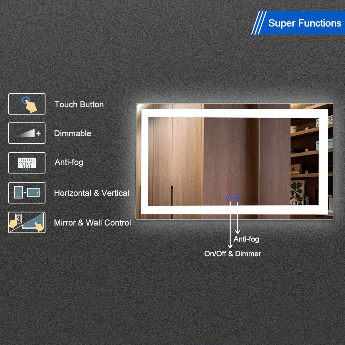 LED Bathroom Mirror with Dimmable Lights, Anti-Fog Wall Mounted Vanity Mirror P8622