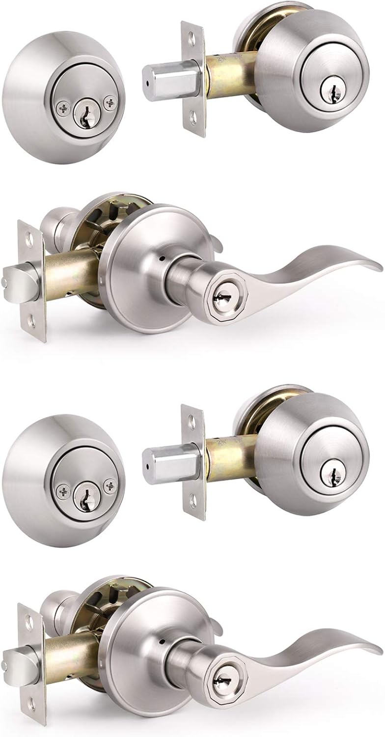 5 Pack Keyed Alike Entry Door Handles Knob with Double Cylinder Deadbolt, Satin Nickel Finish Door Lockset Q8314