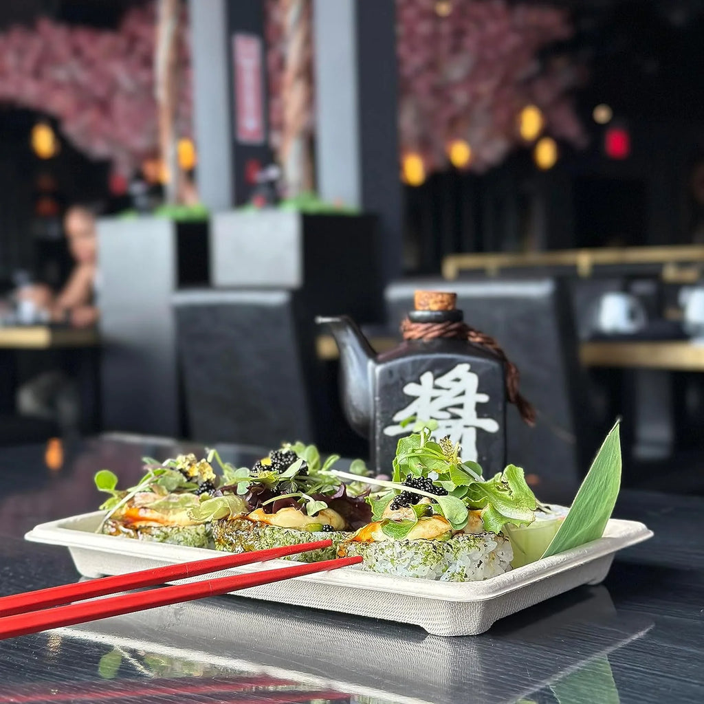 100 PACK Compostable Sugarcane Sushi Trays with Lids Y4553