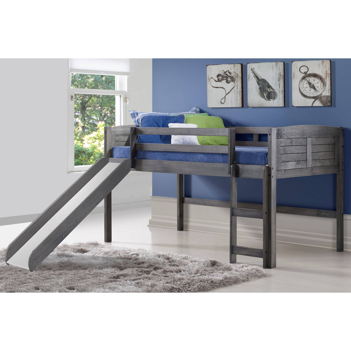 Twin Louver Low Loft with Slide and Zebra Tent Kit in Antique Grey Finish N714159