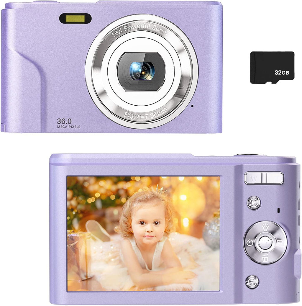 36MP Full HD 1080P Rechargeable Children's Camera with 32GB SD Card (Purple) S326062