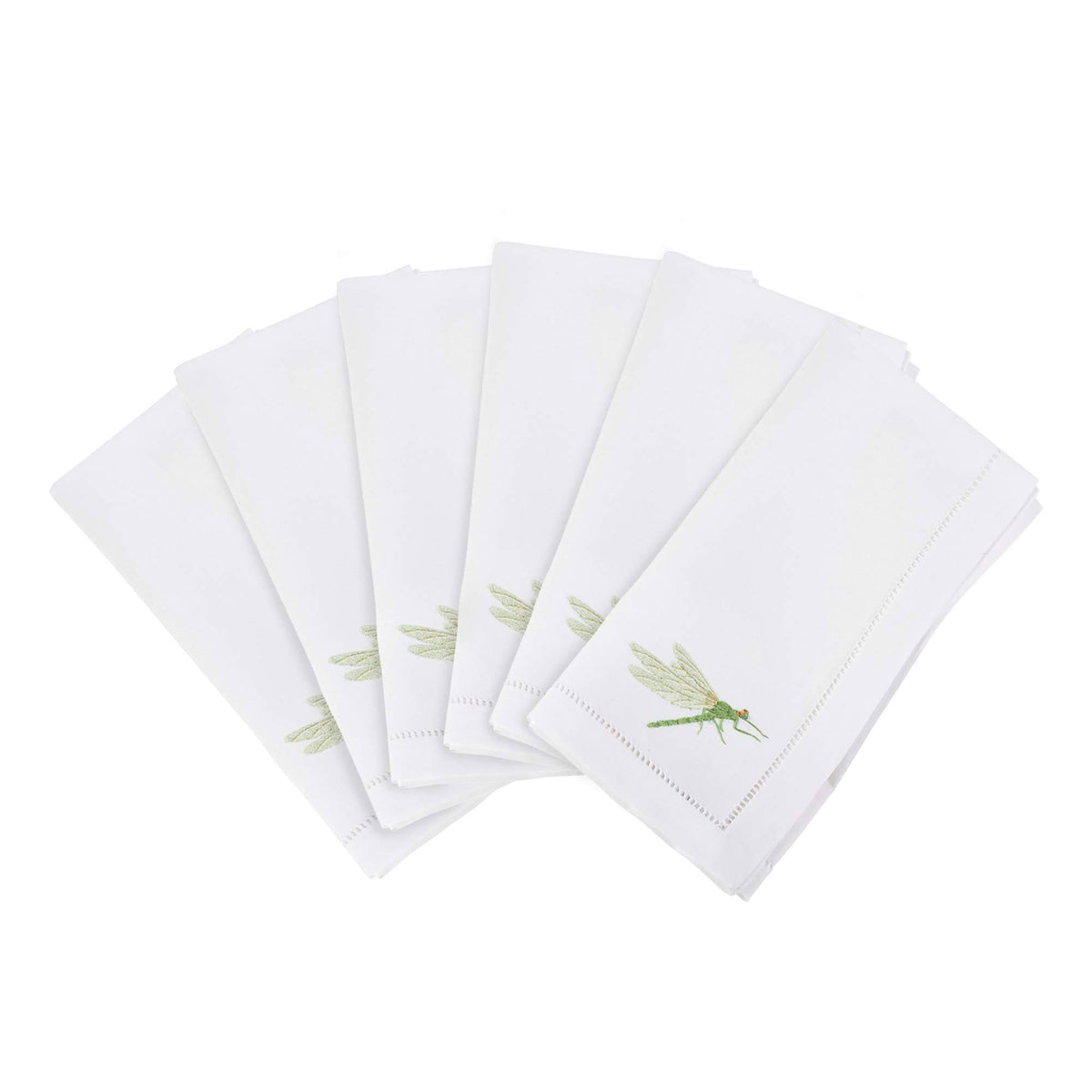 White Set of 6 Cotton Napkins with Dragonfly & Hemstitch Design N227