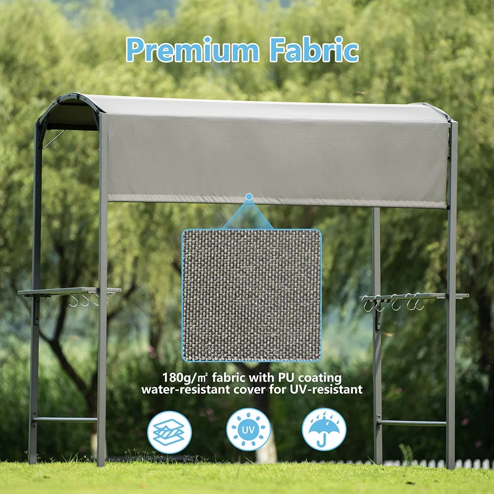 7FT Grill Gazebo BBQ Canopy with Sun Shade Panel Side Awning, 2 Exterior Serving Shelves Bar Counters, 10 Hooks I5961